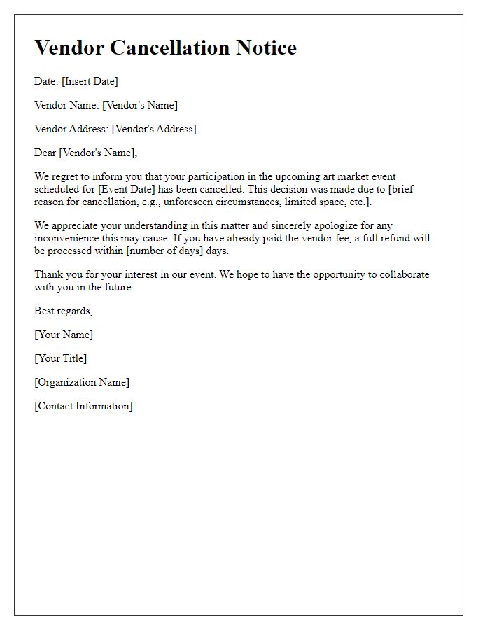 Letter template of vendor cancellation notice for art market event