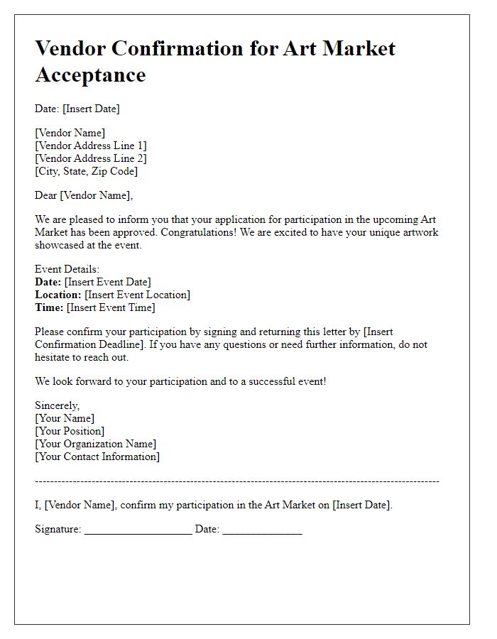 Letter template of vendor confirmation for art market acceptance