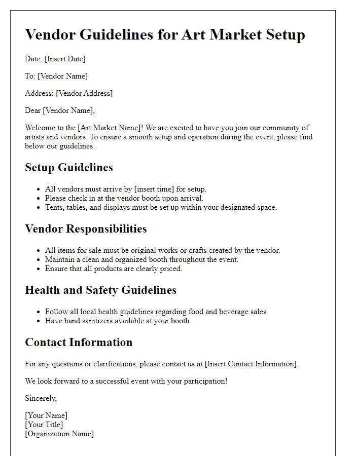 Letter template of vendor guidelines for art market setup