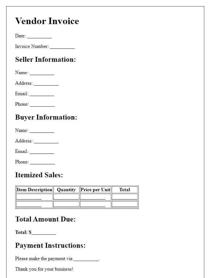 Letter template of vendor invoice for art market sales