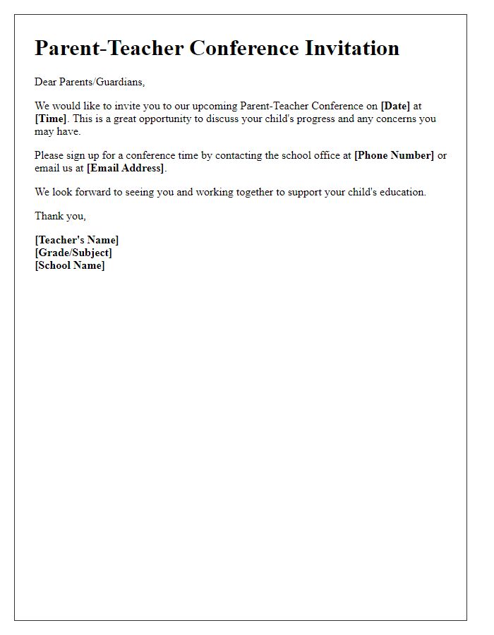 Letter template of Parent-Teacher Conference Planning