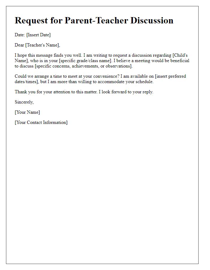 Letter template of Request for Parent-Teacher Discussion