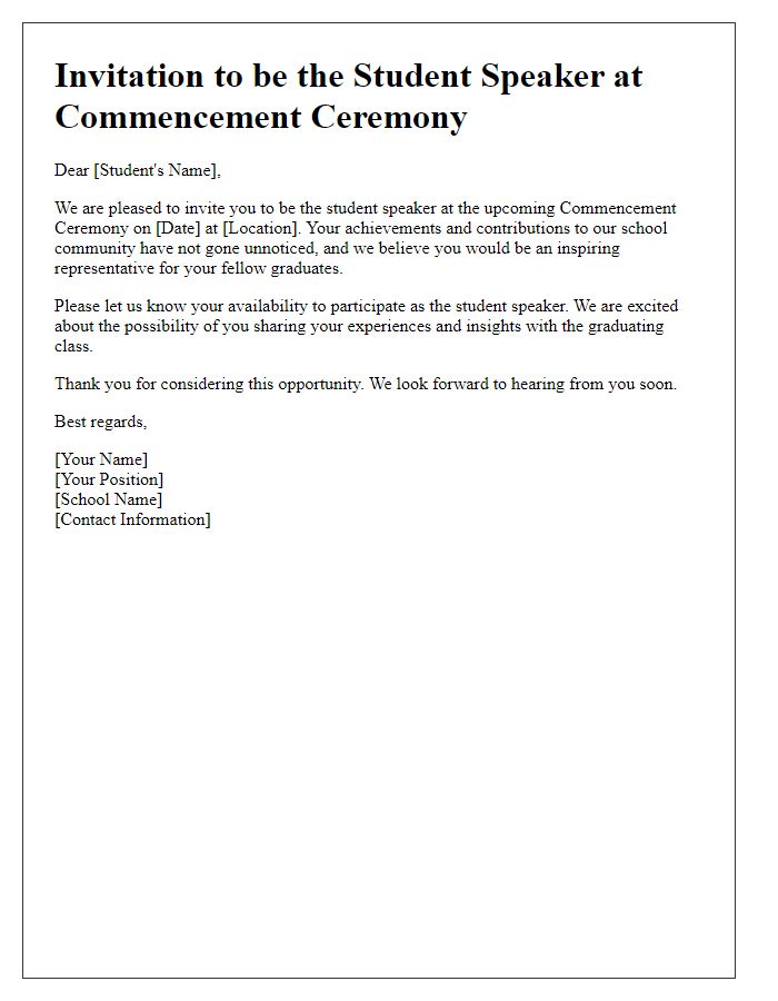 Letter template of student speaker invitation for commencement ceremony