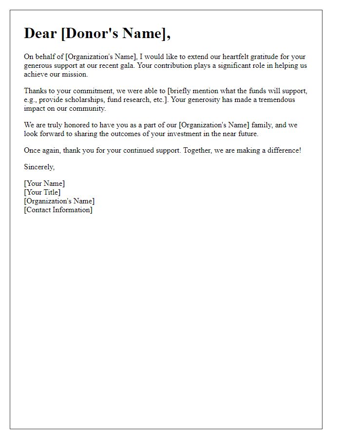 Letter template of Appreciation for Gala Donors