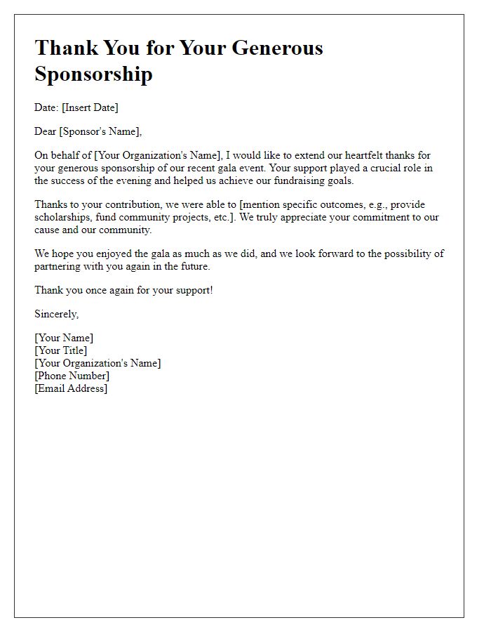 Letter template of Thank You for Gala Sponsorship