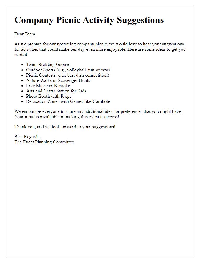 Letter template of company picnic activity suggestions