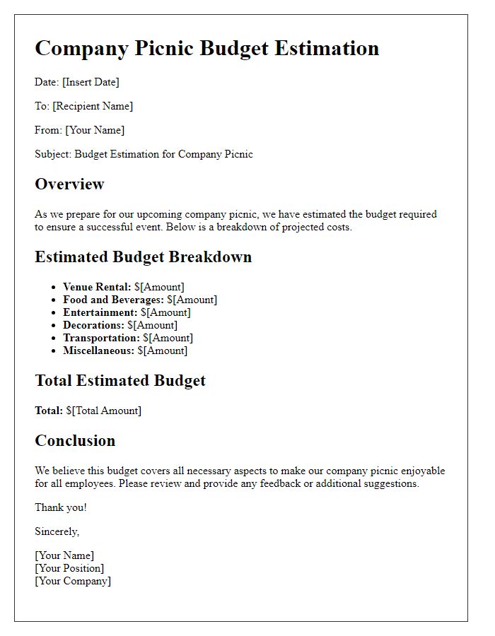 Letter template of company picnic budget estimation