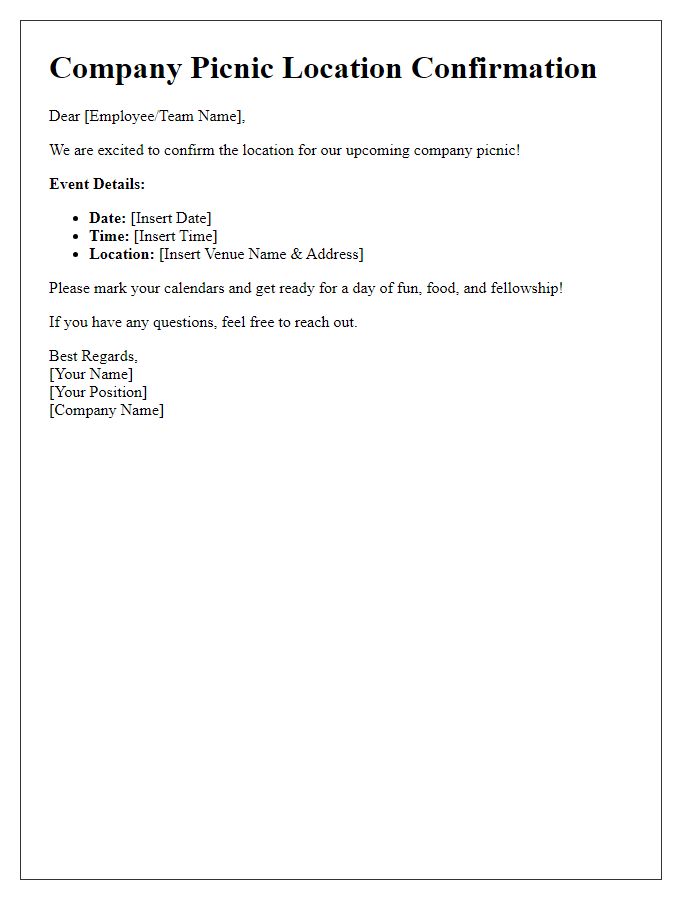 Letter template of company picnic location confirmation