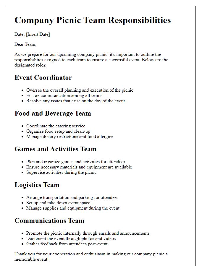 Letter template of company picnic team responsibilities