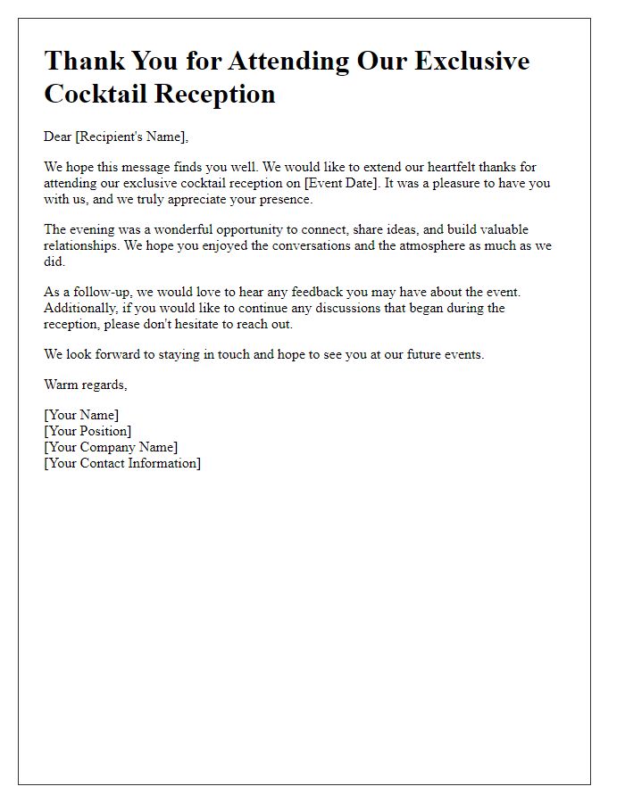 Letter template of follow-up communication post exclusive cocktail reception event.