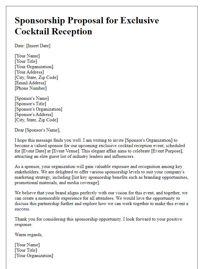 Letter template of sponsorship proposal for an exclusive cocktail reception event.