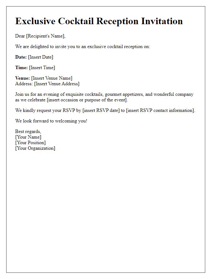 Letter template of venue details for an exclusive cocktail reception event.