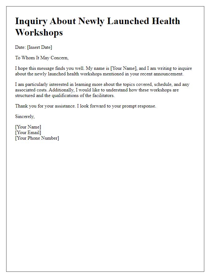 Letter template of inquiry about newly launched health workshops.