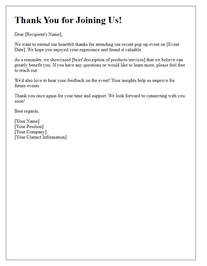 Letter template of follow-up communication post pop-up event