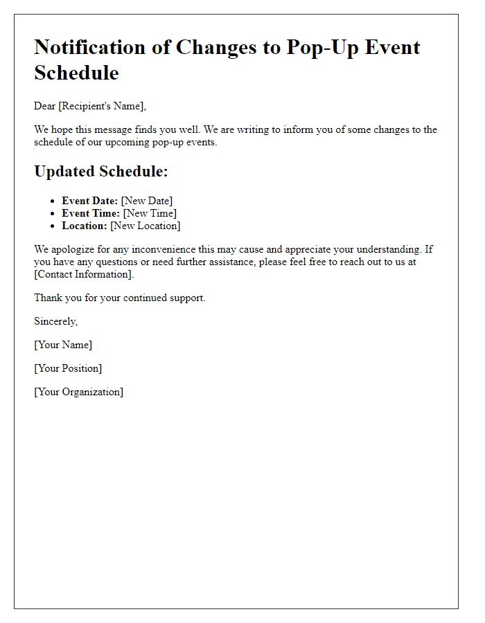 Letter template of notification regarding changes to the pop-up event schedule