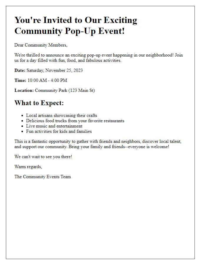 Letter template of promotional notice for an exciting pop-up community event