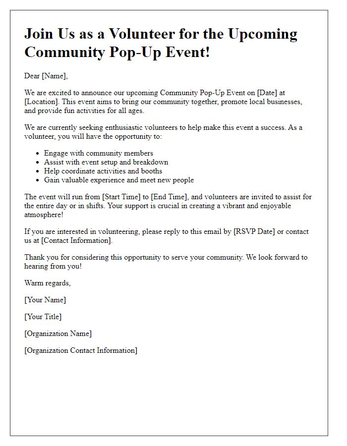 Letter template of volunteer recruitment for the community pop-up event