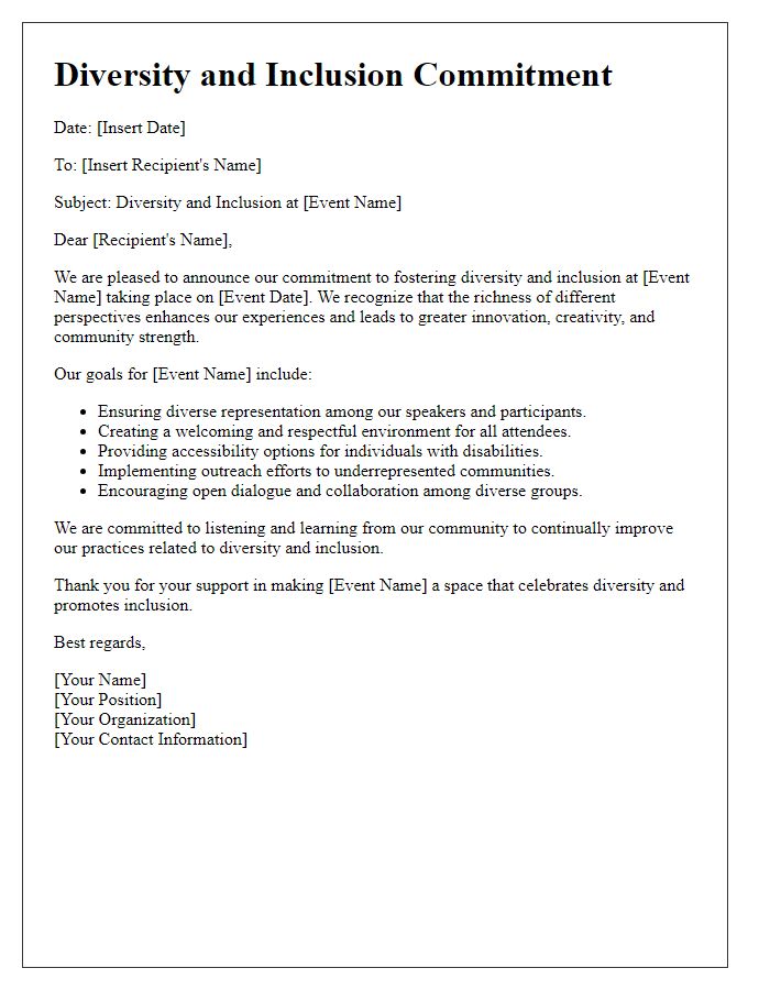 Letter template of diversity and inclusion commitments at events