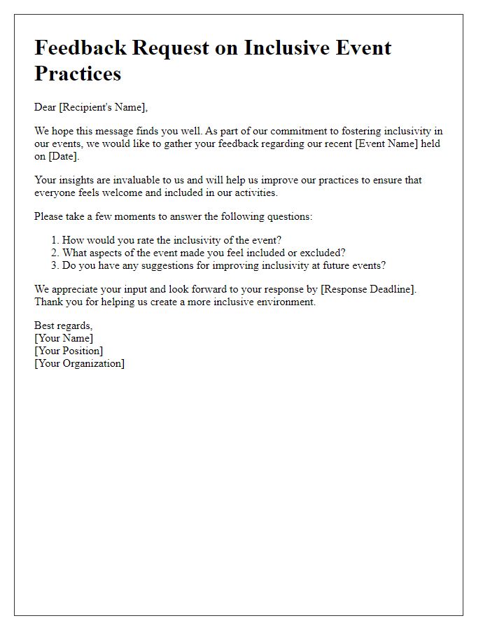 Letter template of feedback request regarding inclusive event practices