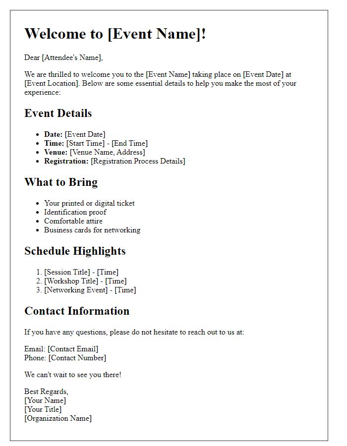 Letter template of essential information for event welcome packs