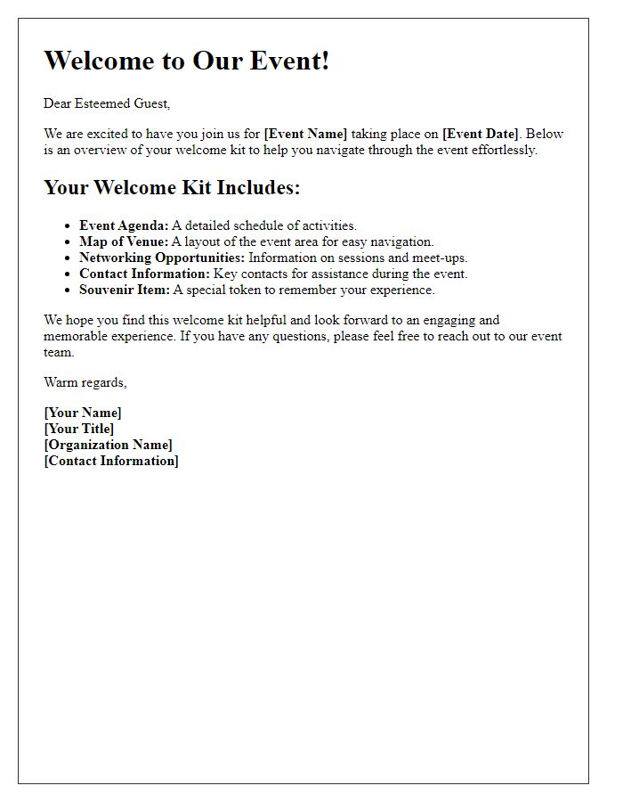 Letter template of event welcome kit overview for guests