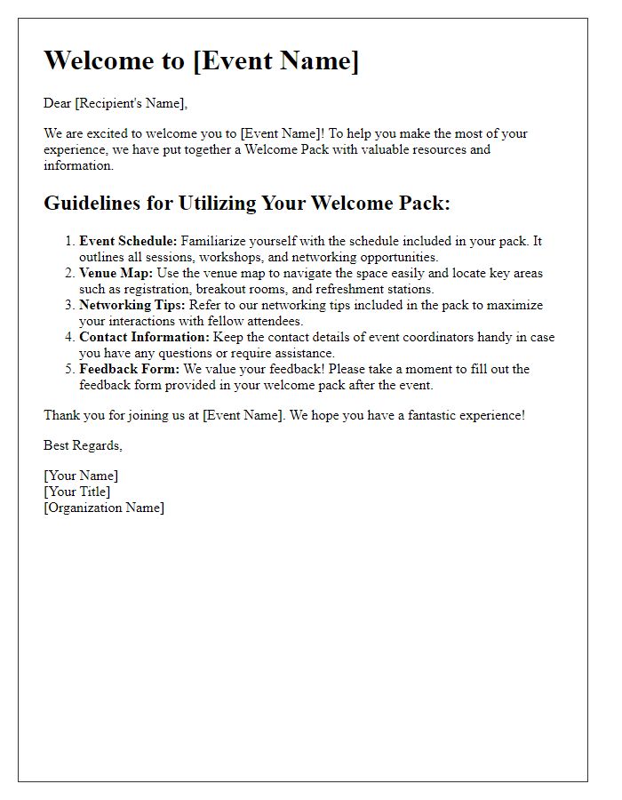 Letter template of guidelines for utilizing the event welcome pack