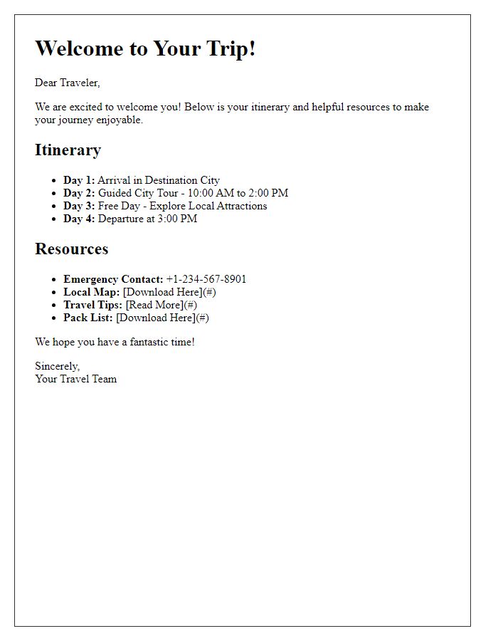 Letter template of itinerary and resources in the welcome packet