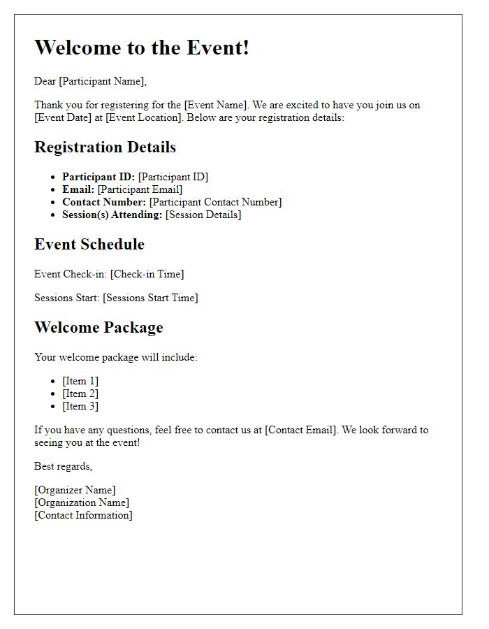 Letter template of registration details for event welcome packages