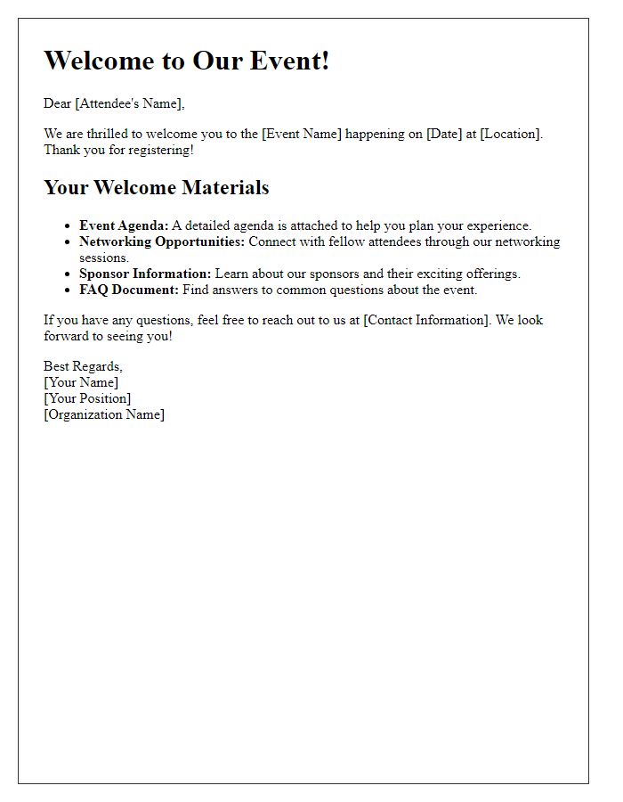 Letter template of welcome materials highlight for attendees