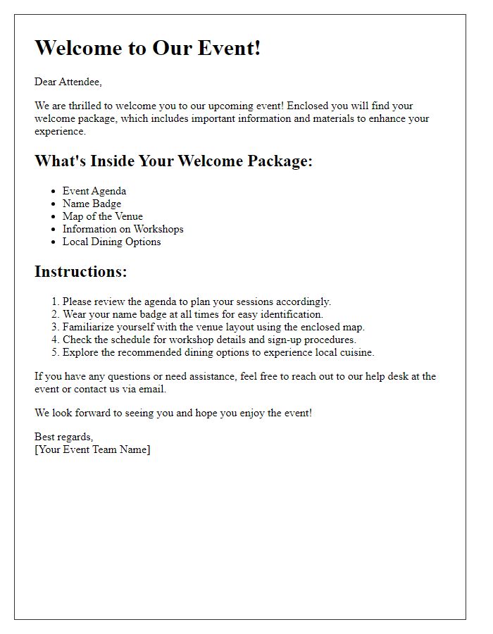 Letter template of welcome package instructions for event attendees