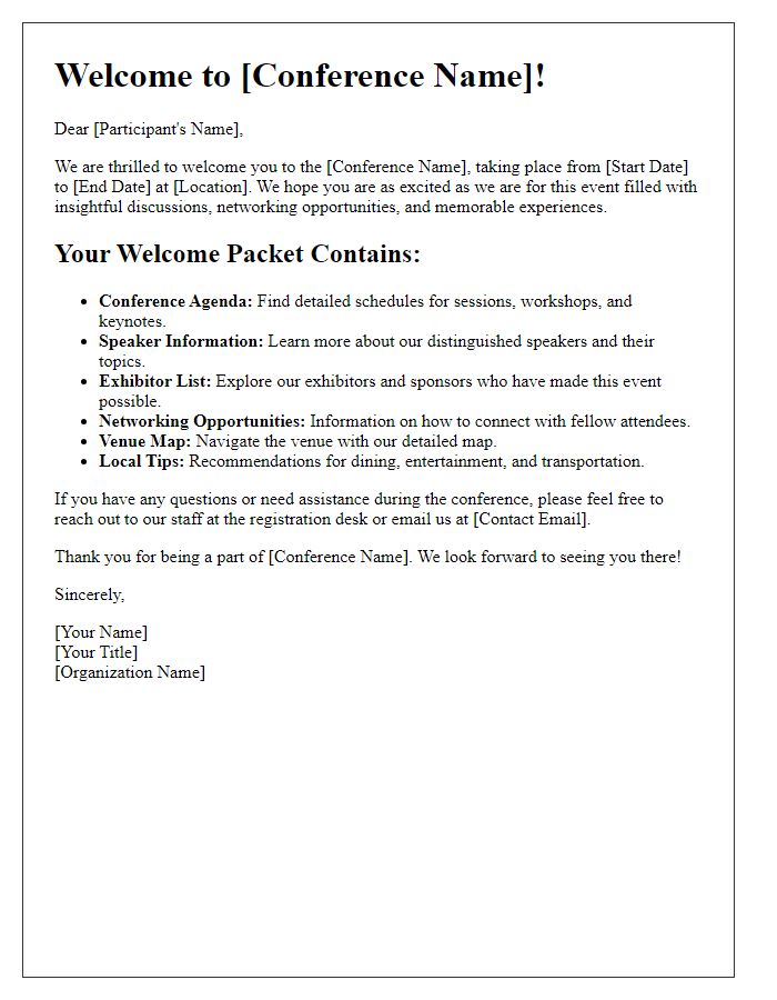 Letter template of welcome packet contents for conference participants