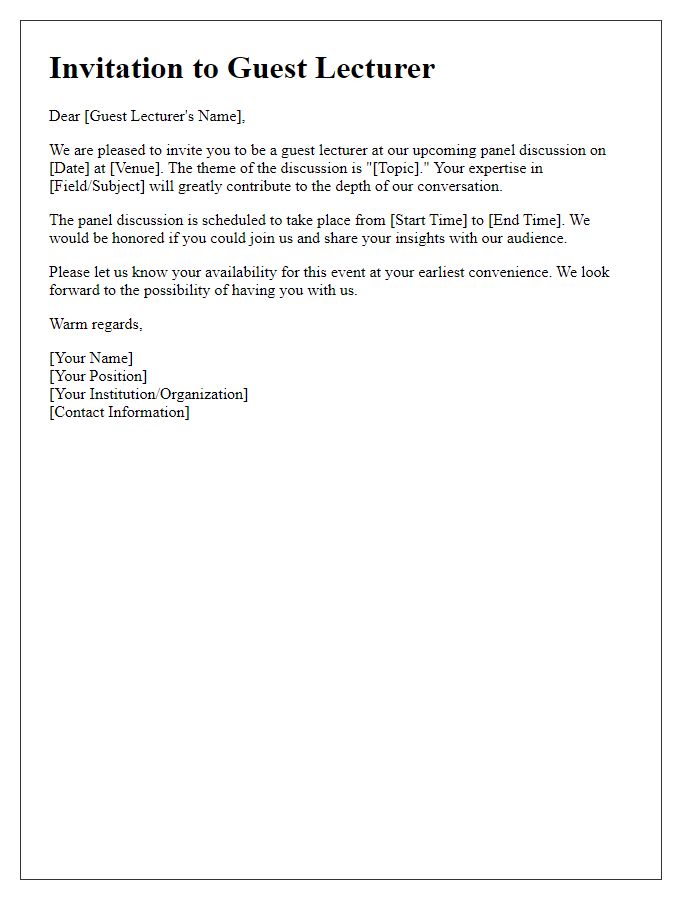 Letter template of formal invitation for guest lecturer to address panel discussion