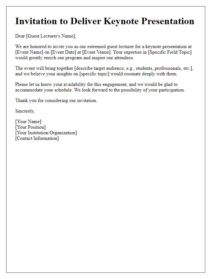 Letter template of invitation to esteemed guest lecturer for keynote presentation