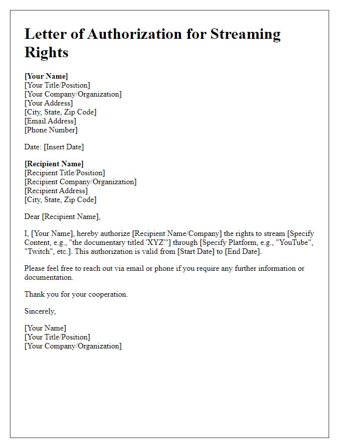 Letter template of authorization for streaming rights