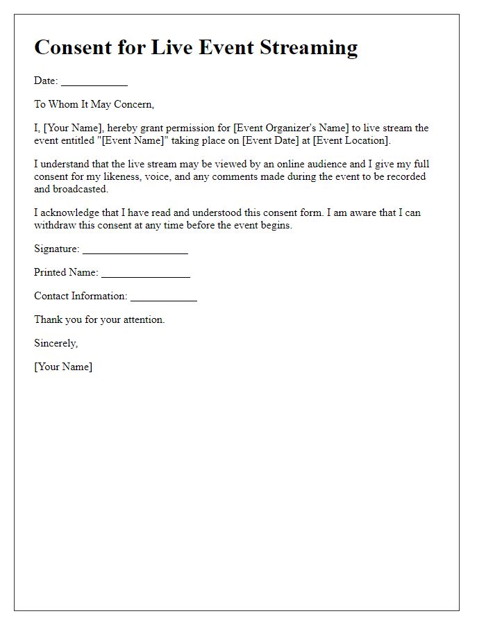 Letter template of consent for live event streaming