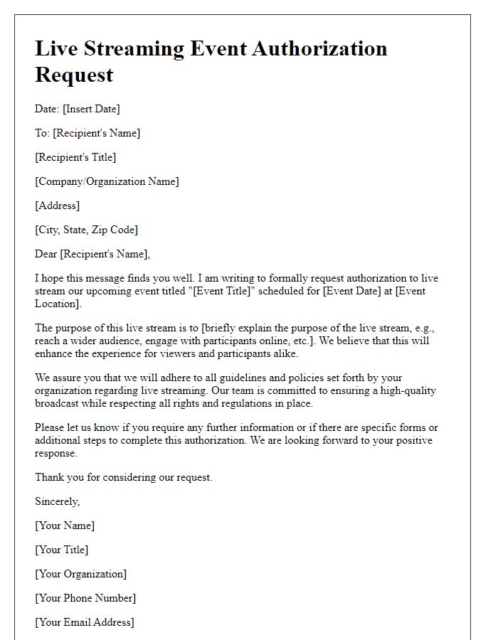 Letter template of live streaming event authorization request