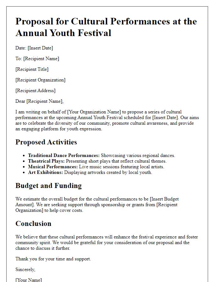 Letter template of youth festival activity proposal for cultural performances