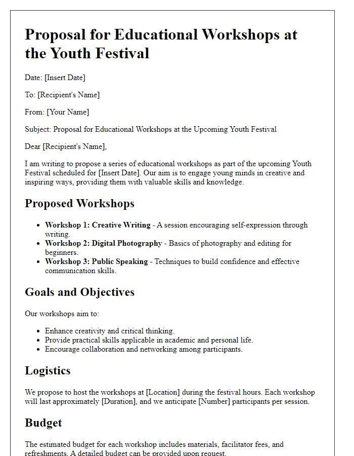 Letter template of youth festival activity proposal for educational workshops