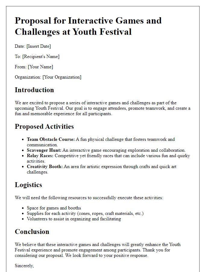 Letter template of youth festival activity proposal for interactive games and challenges