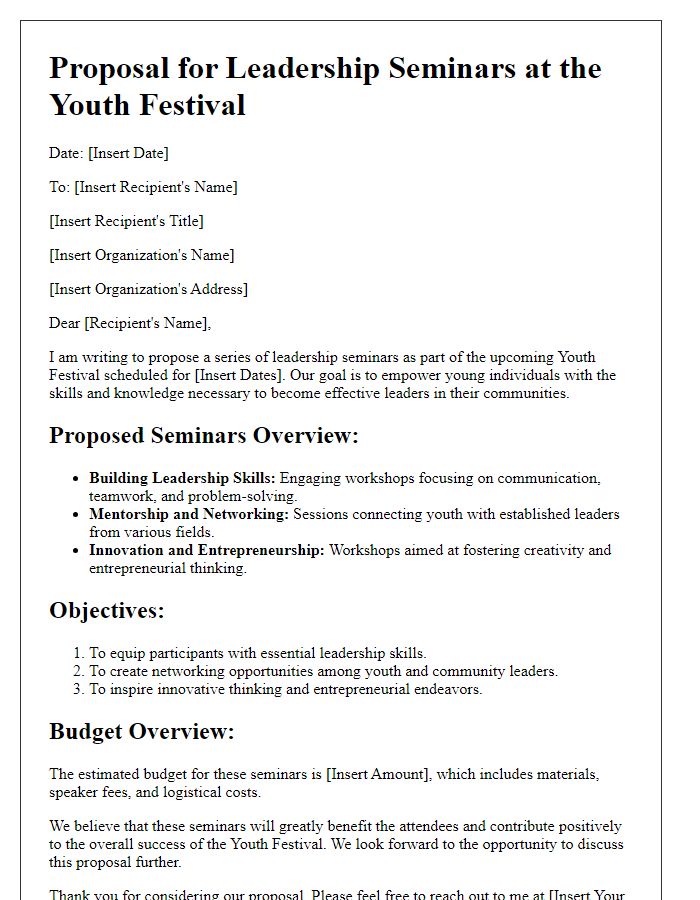 Letter template of youth festival activity proposal for leadership seminars