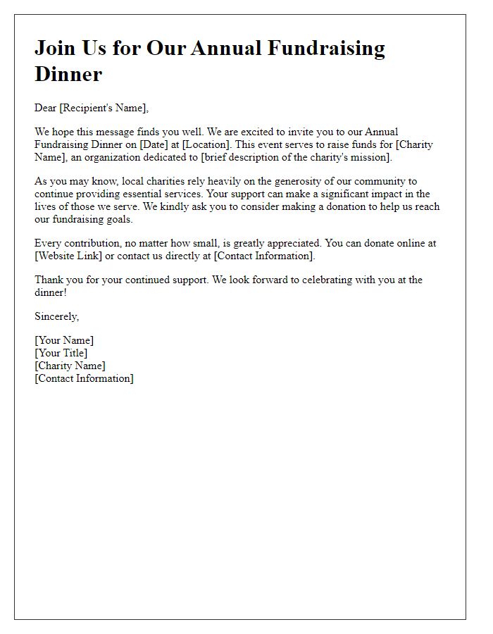 Letter template of fundraising dinner donation appeal for local charities