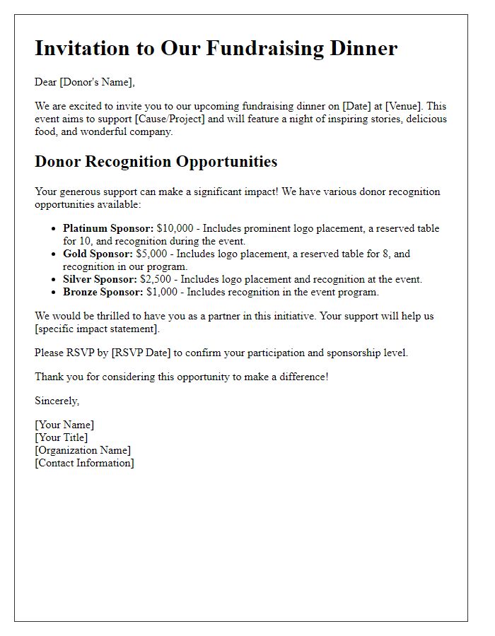 Letter template of fundraising dinner donor recognition opportunities