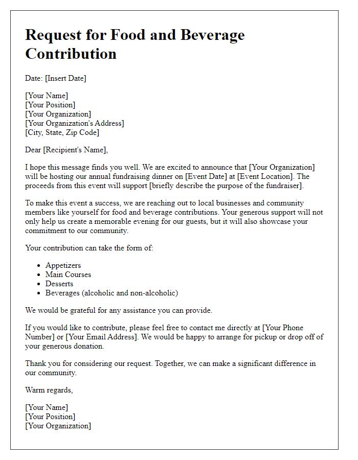 Letter template of fundraising dinner food and beverage contribution request