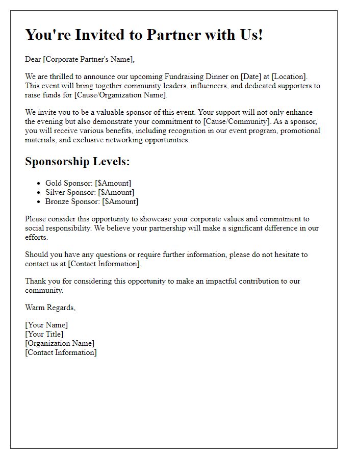 Letter template of fundraising dinner sponsorship invitation for corporate partners