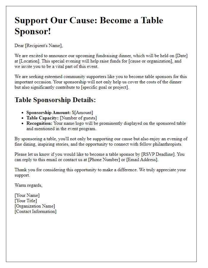 Letter template of fundraising dinner table sponsorship appeal