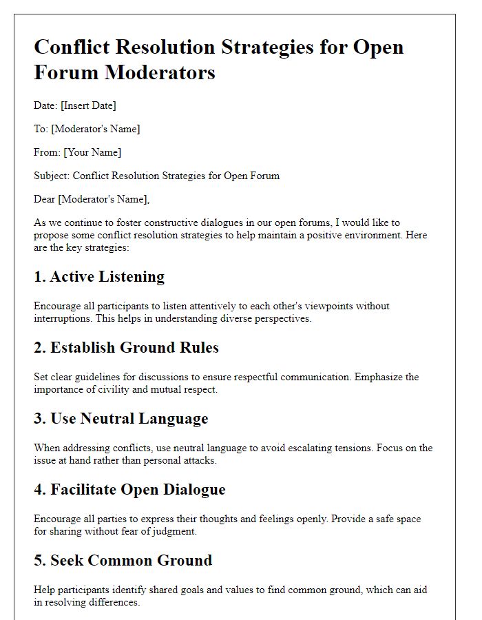 Letter template of conflict resolution strategies for open forum moderators.