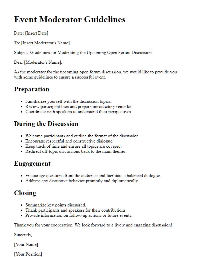 Letter template of event moderator guidelines for open forum discussion.