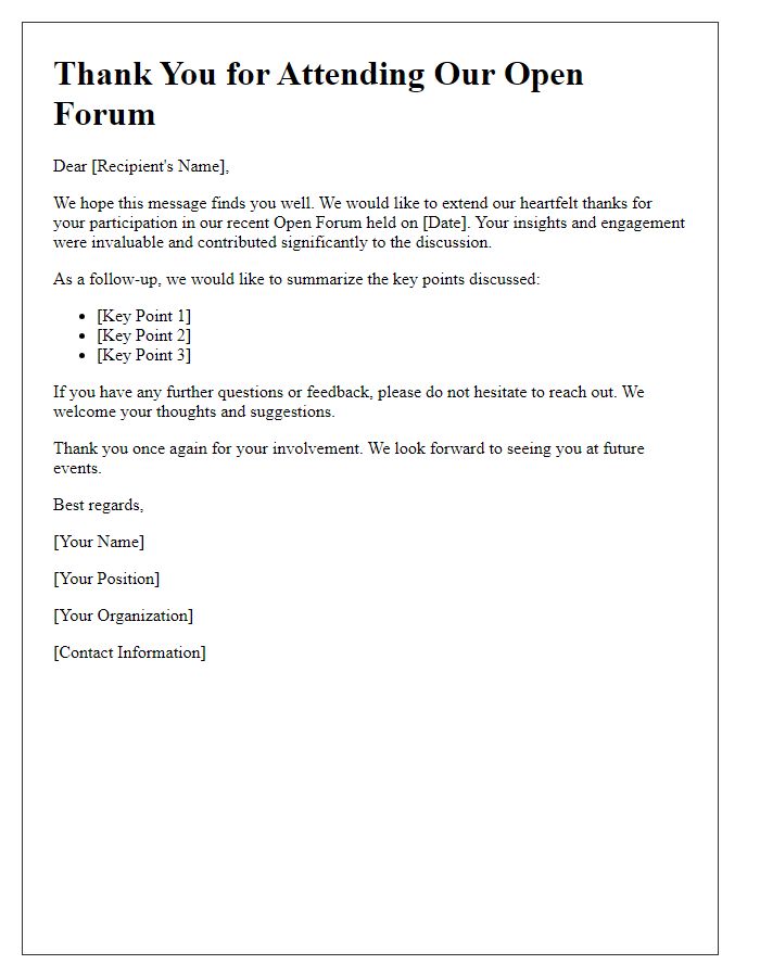 Letter template of follow-up communication after the open forum event.