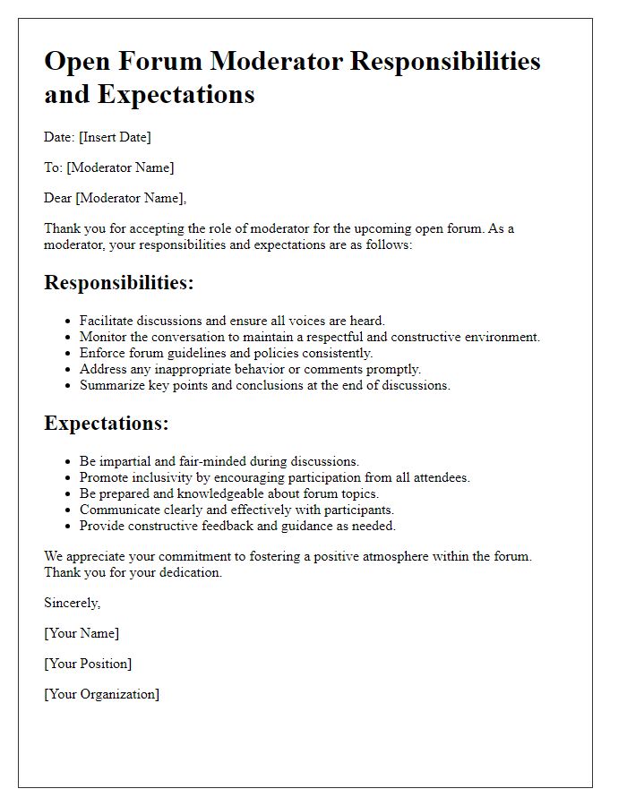 Letter template of open forum moderator responsibilities and expectations.