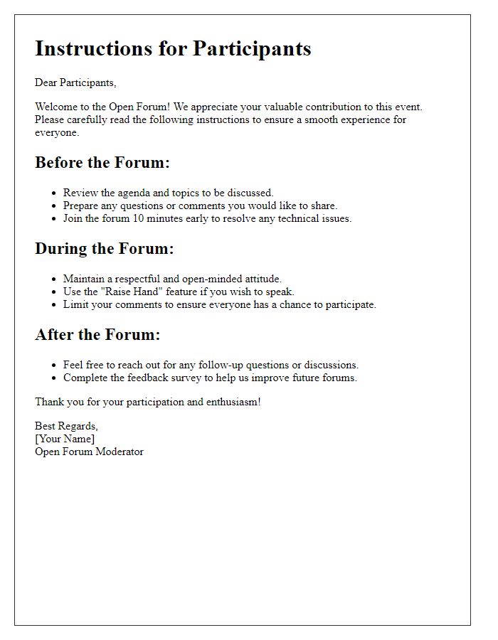 Letter template of participant instructions from the open forum moderator.